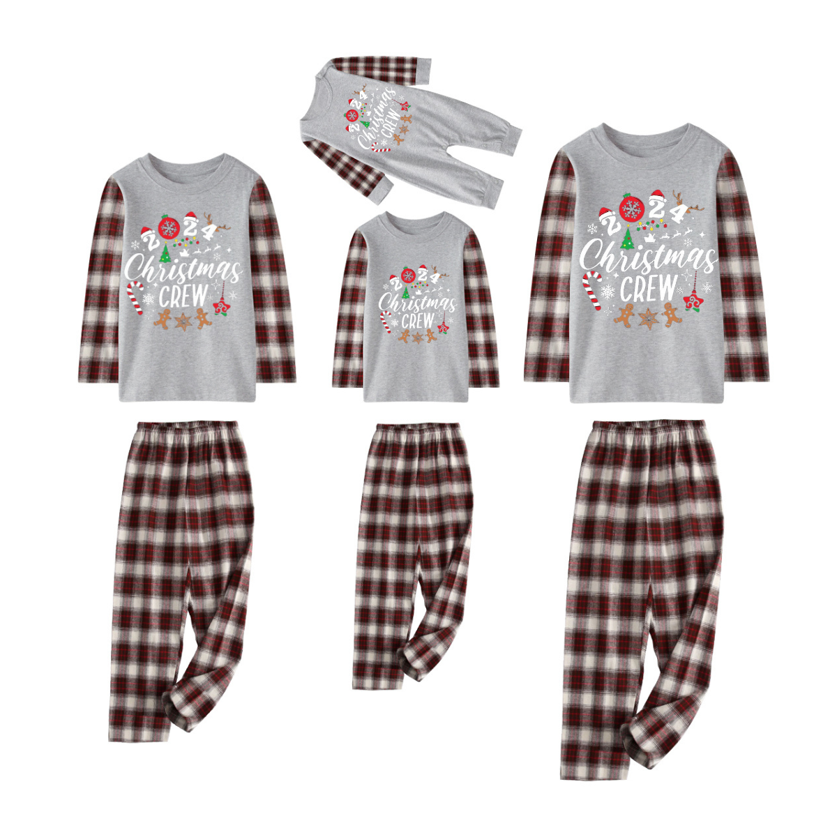 "2024 Christmas Crew" Text Print Chocolate Plaid Family Matching Pajamas