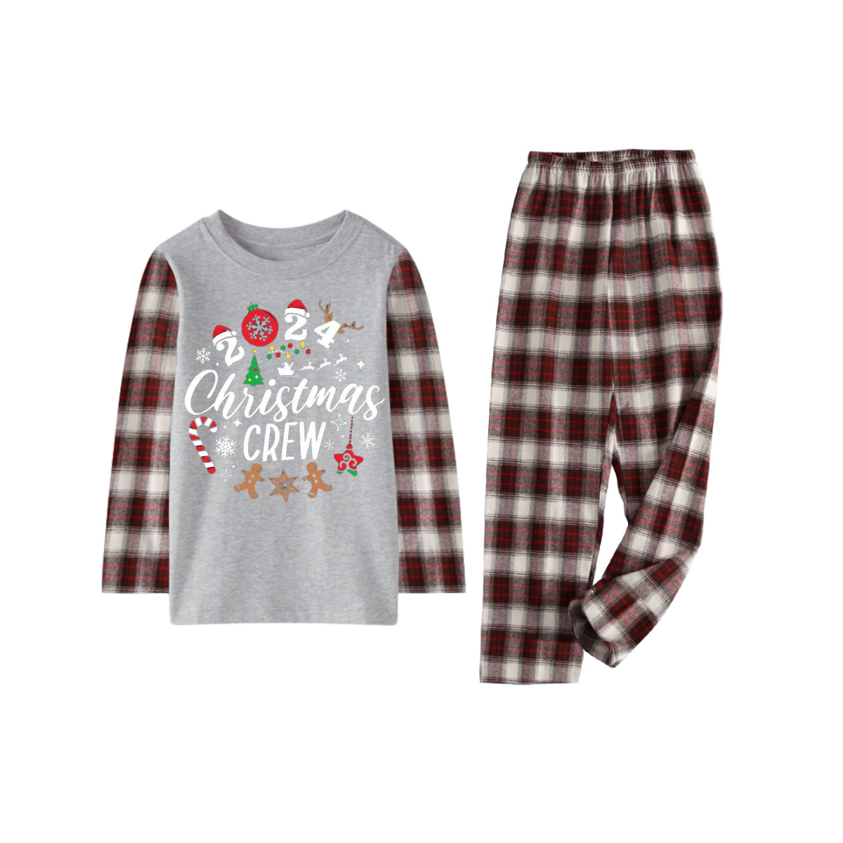 "2024 Christmas Crew" Text Print Chocolate Plaid Family Matching Pajamas