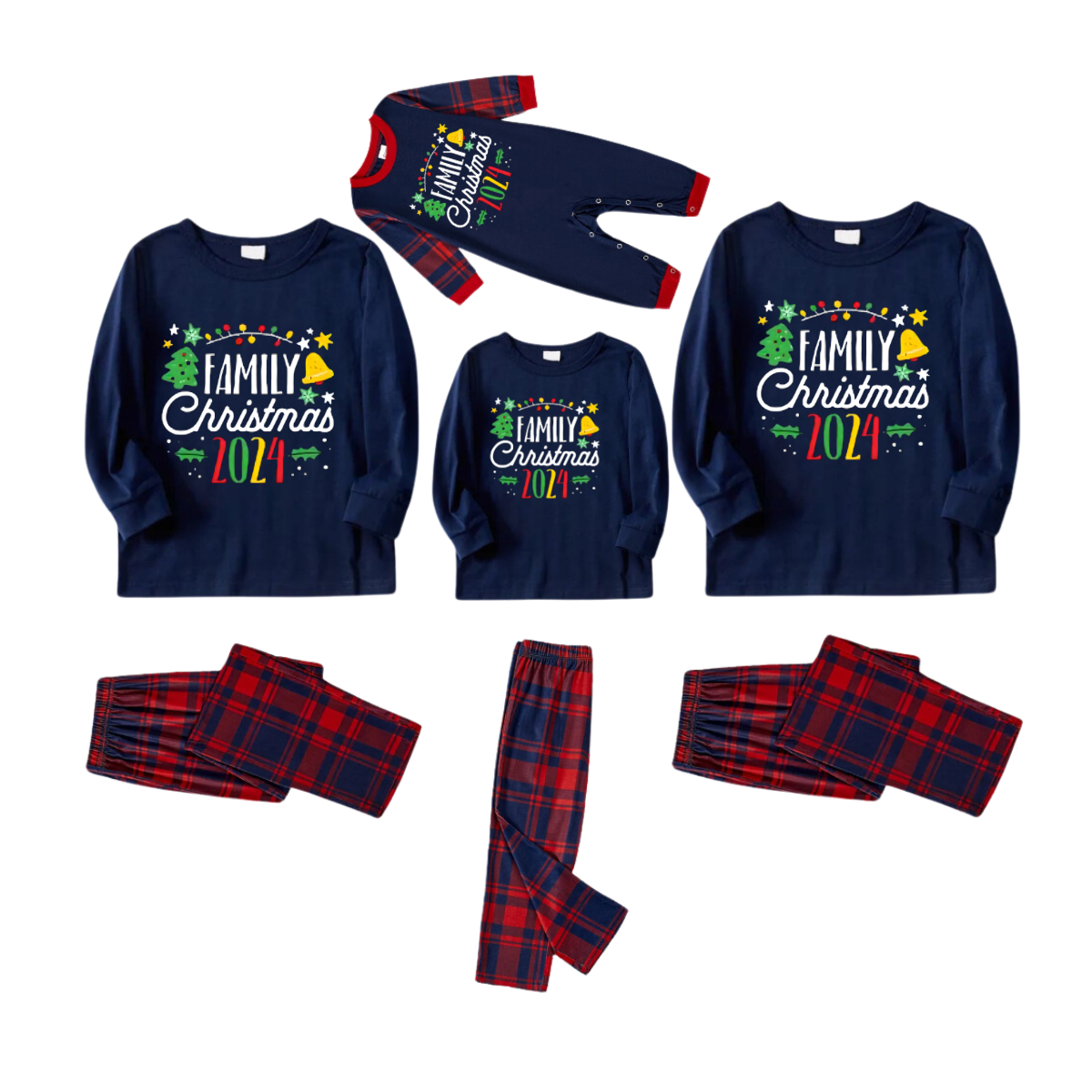 Christmas Pattern and "Family Christmas 2024" Printed Red and Blue Plaid Christmas Matching Pajamas