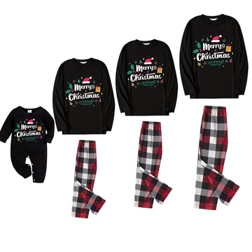 "Merry Christmas" With  Baubles - Black Top With Red & Black & Grey & White Plaid Family Matching Pajamas