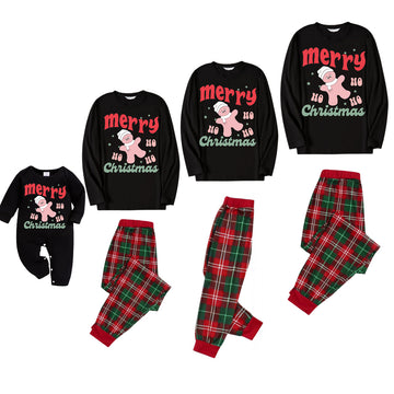 Merry Christmas Cute Cartoon Prints 2024 Black Long Sleeve Top with White&Red&Green Plaid Family Matching Pajamas