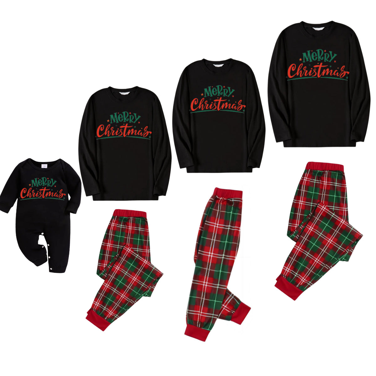 "Merry Christmas" Surrounded By Stars - Black Top with Red & Green Plaid Pants Family Matching Pajama