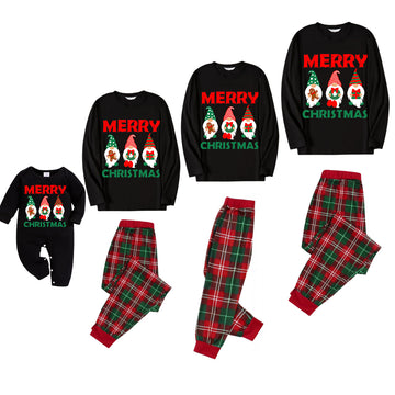 Christmas Elf Pattern Black Top with Red & Green Plaid Pants Family Matching Pajama