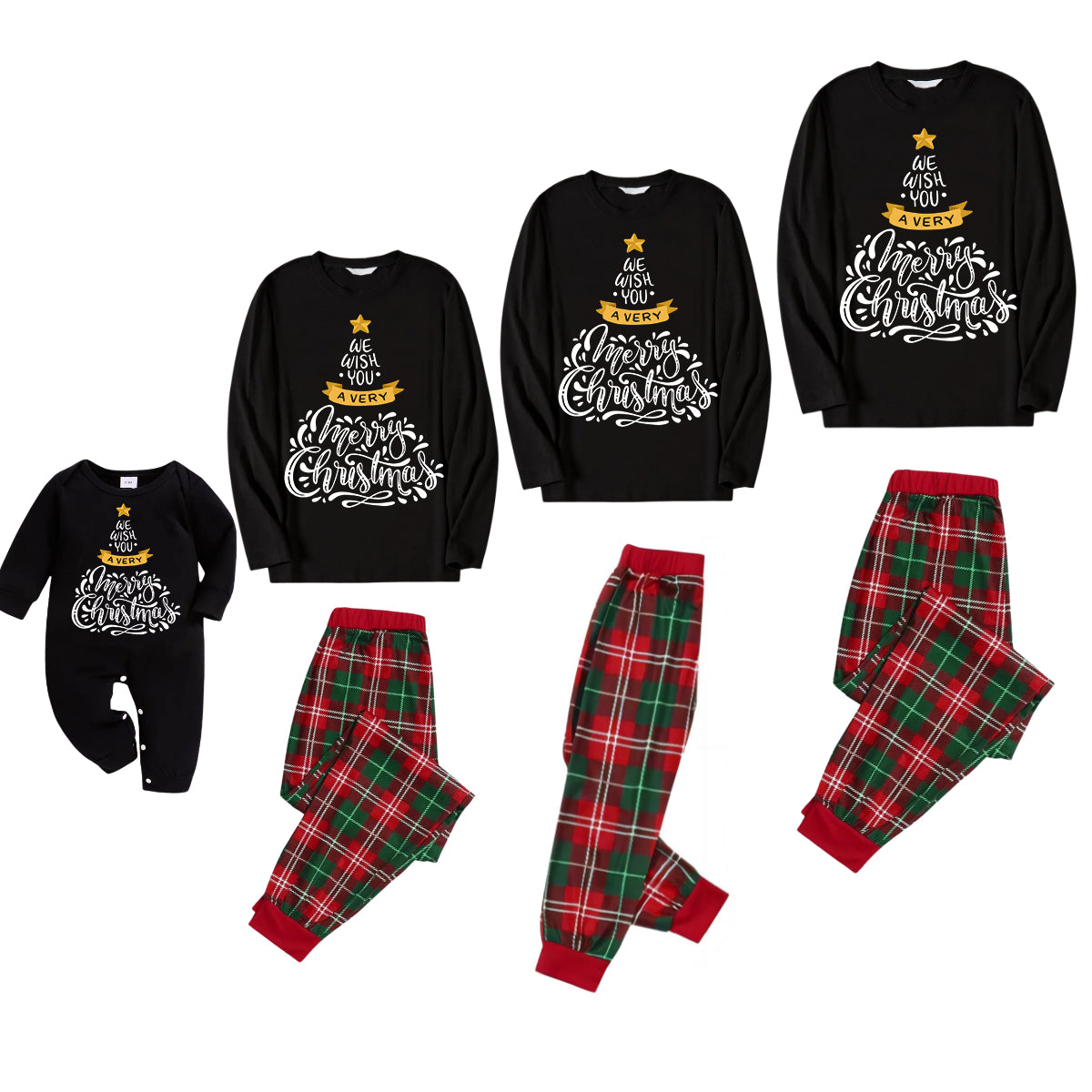 2024 Christmas Tree Pattern "We Wish You"Black Long Sleeves with Green&Red&White Plaid Pants Family Matching Pajamas