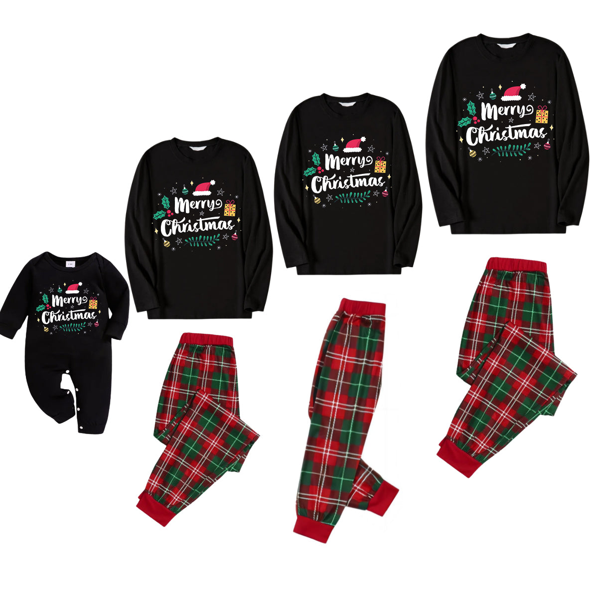 "Merry Christmas" With  Baubles-Black Top with Red & Green Plaid Pants Family Matching Pajama