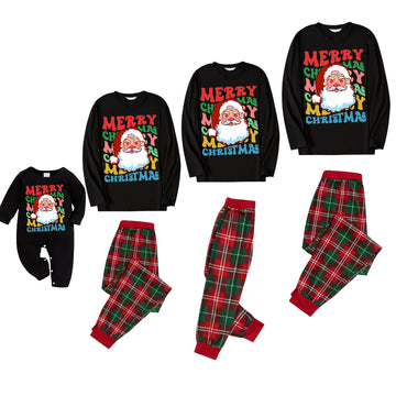 Colorful "Merry Christmas" and Santa Claus Print Black Top with Red & Green Plaid Pants Family Matching Pajama