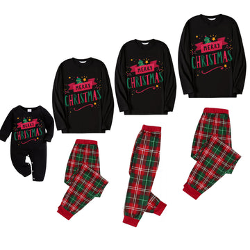 "Merry Christmas" With  Ribbons - Black Top with Red & Green Plaid Pants Family Matching Pajama