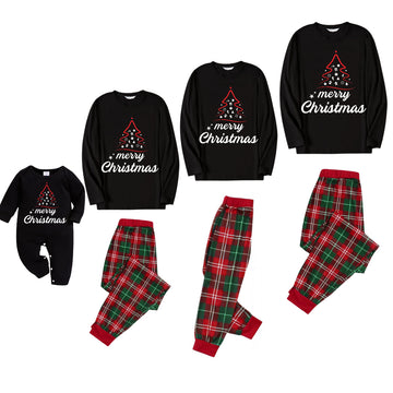 Red Christmas Tree Stick Figure - Black Top with Red & Green Plaid Pants Family Matching Pajama