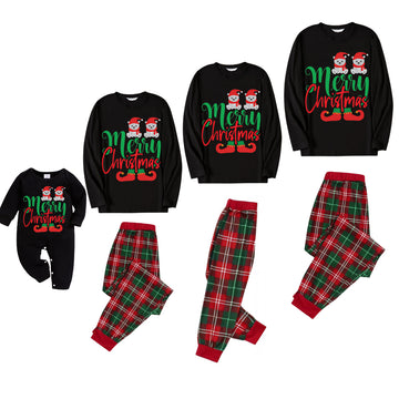 Santa Bear Pattern Black Top with Red & Green Plaid Pants Family Matching Pajama