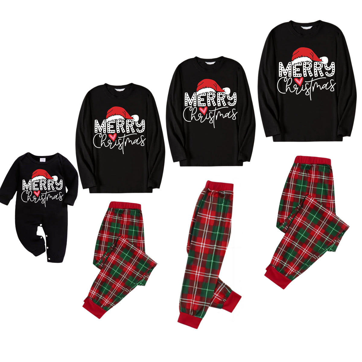 Red Santa Hat "Merry Christmas" Letter Print Black Long Sleeves Top with Classic Black and Green Plaid Pants Family Matching Pajamas