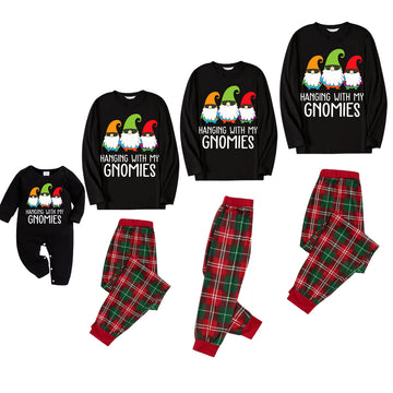 Three Santas "HANGING WITH MY GNOMIES" Monogram Print Black Long Sleeves Top with Classic Red and Green Plaid Pants Family Matching Pajamas