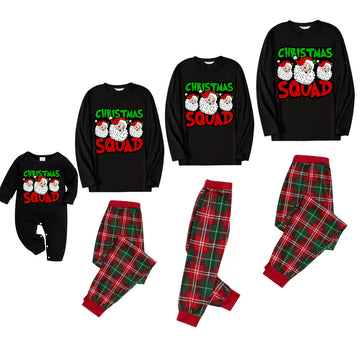 "Santa Squad" and Santa Claus Print Black Top with Red & Green Plaid Pants Family Matching Pajama