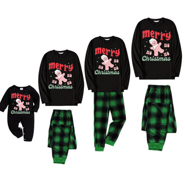 Merry Christmas Cute Cartoon Prints 2024 Black Long Sleeve Top with Green&Black Plaid Family Matching Pajamas