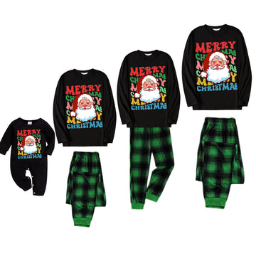 Colorful "Merry Christmas" and Santa Claus Print Black Long Sleeve Top with Black And Green Plaid Pants Family Matching Pajamas