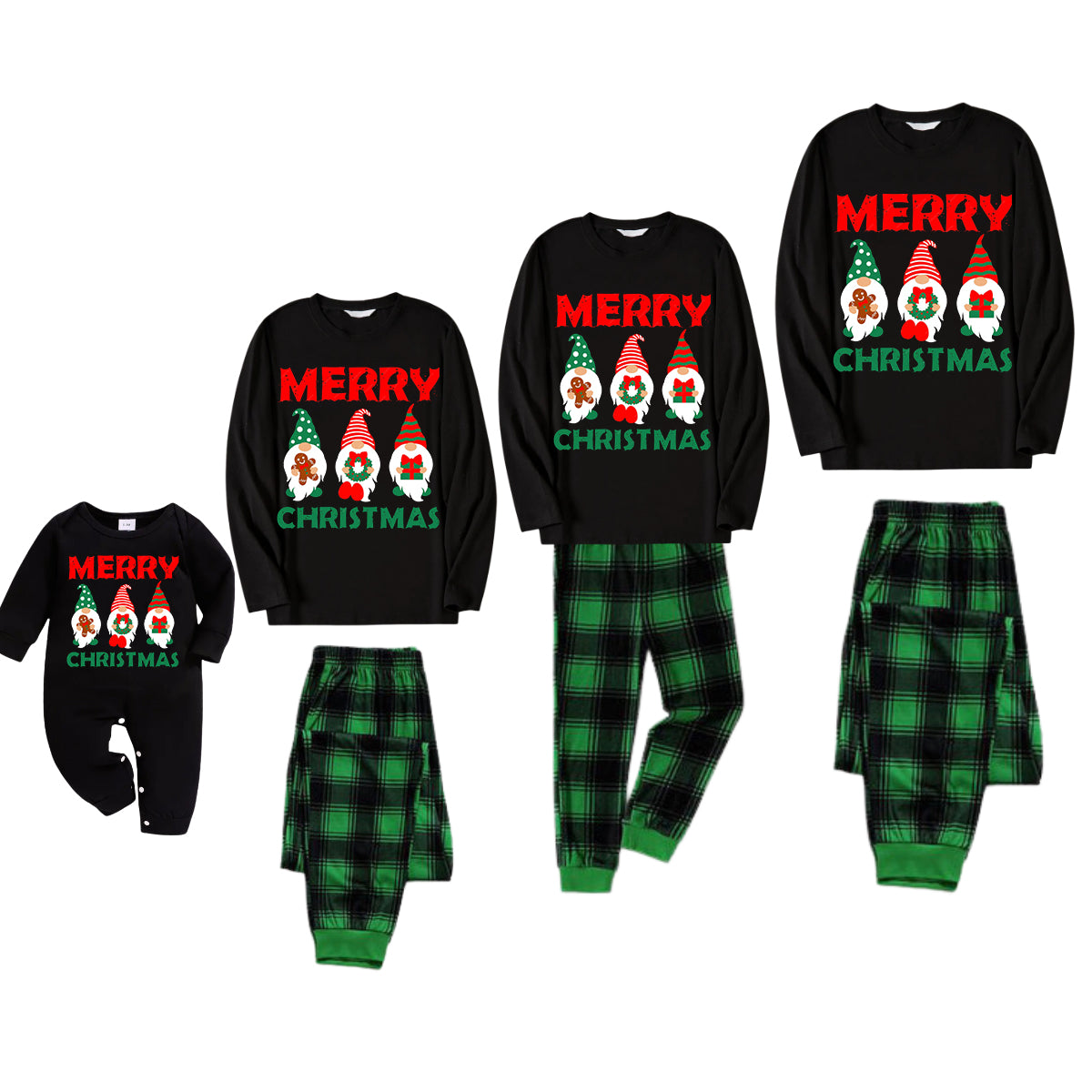 Christmas Elf Pattern Black Long Sleeve Top with Black And Green Plaid Pants Family Matching Pajamas