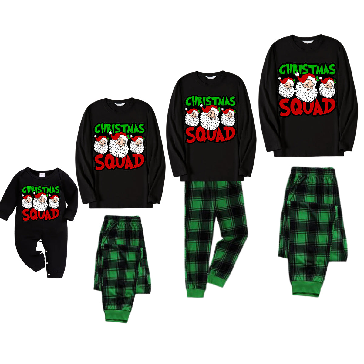 "Santa Squad" and Santa Claus Print Black Long Sleeve Top with Black And Green Plaid Pants Family Matching Pajamas