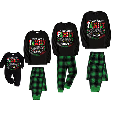 "We are Family" 2024 Christmas Wreath - Black Long Sleeve Top with Black And Green Plaid Pants Family Matching Pajamas