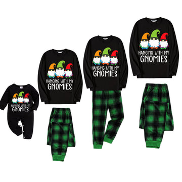 Three Santas "HANGING WITH MY GNOMIES" Monogram Print Black Long Sleeves Top with Vintage Green and Black Large Plaid Pants Family Matching Pajamas