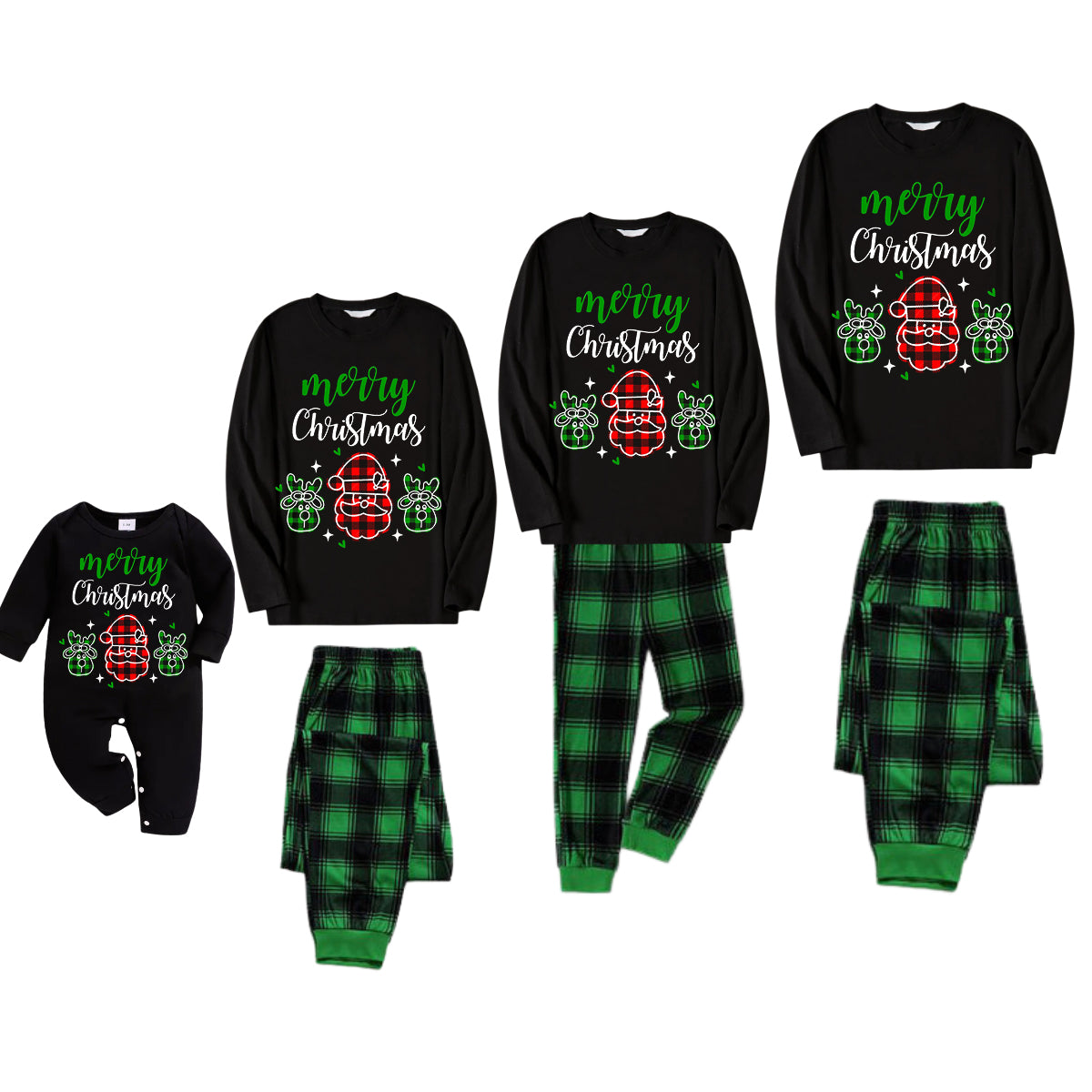 Santa Moose Cute Cartoon Pattern "Merry Christmas" Letter Prints Black Long Sleeves Top with Green and Black Classic Plaid Pants Family Matching Pajamas