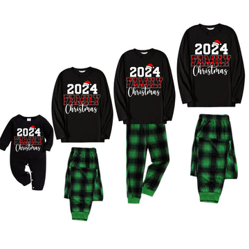 "2024 Family Christmas" Text Printed Black and Green Plaid Family Matching Pajamas