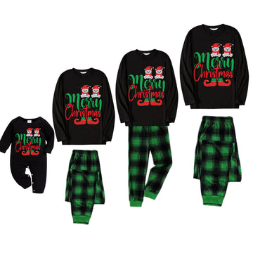Santa Bear Pattern Black Long Sleeve Top with Black And Green Plaid Pants Family Matching Pajamas