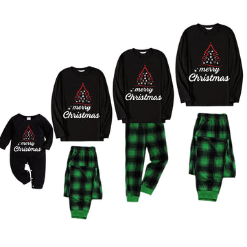 Red Christmas Tree Stick Figure - Black Long Sleeve Top with Black And Green Plaid Pants Family Matching Pajamas