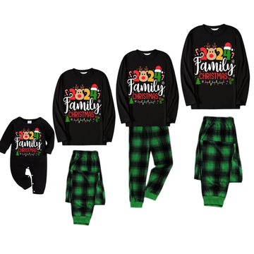 Cute Deer and "Family Christmas 2024" Print Black and Green Plaid Family Matching Pajamas