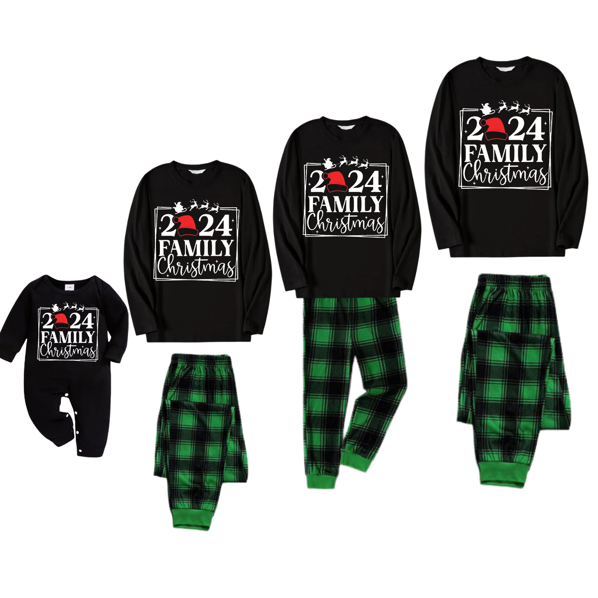 "Family Christmas 2024" Text Printed Black and Green Plaid Family Christmas Matching Pajamas