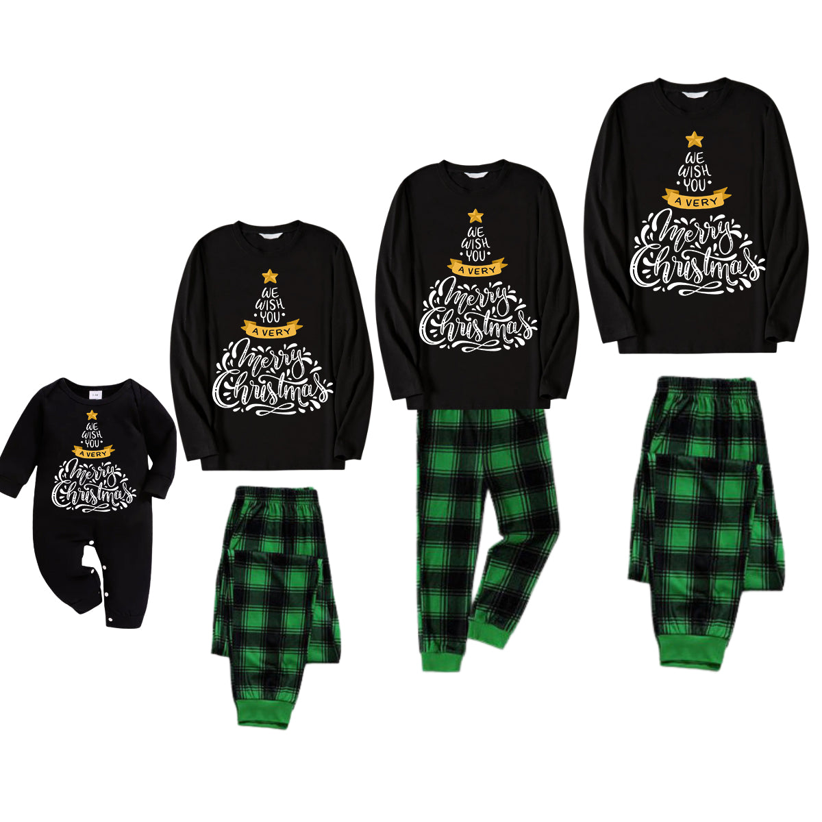 2024 Christmas Tree Pattern "We Wish You"Black Long Sleeves with Vintage Black and Green Plaid Pants Family Matching Pajamas