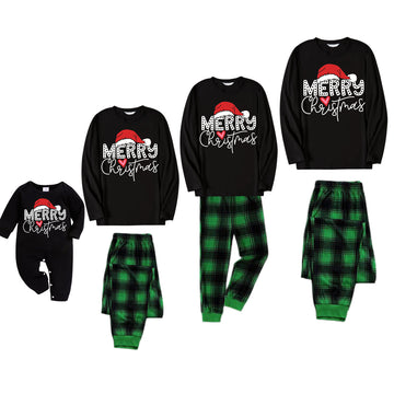 Red Santa Hat "Merry Christmas" Letter Print Black Long Sleeves Top with Black and Green Plaid Pants Family Matching Pajamas with Dogs