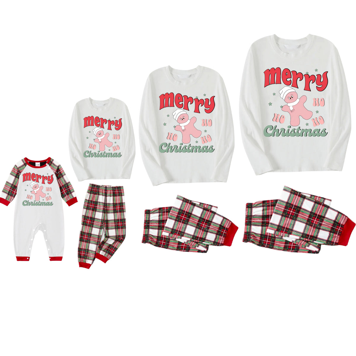 Merry Christmas Cute Cartoon Prints 2024 White Long Sleeves with Green&Red Plaid Pants Family Matching Pajamas