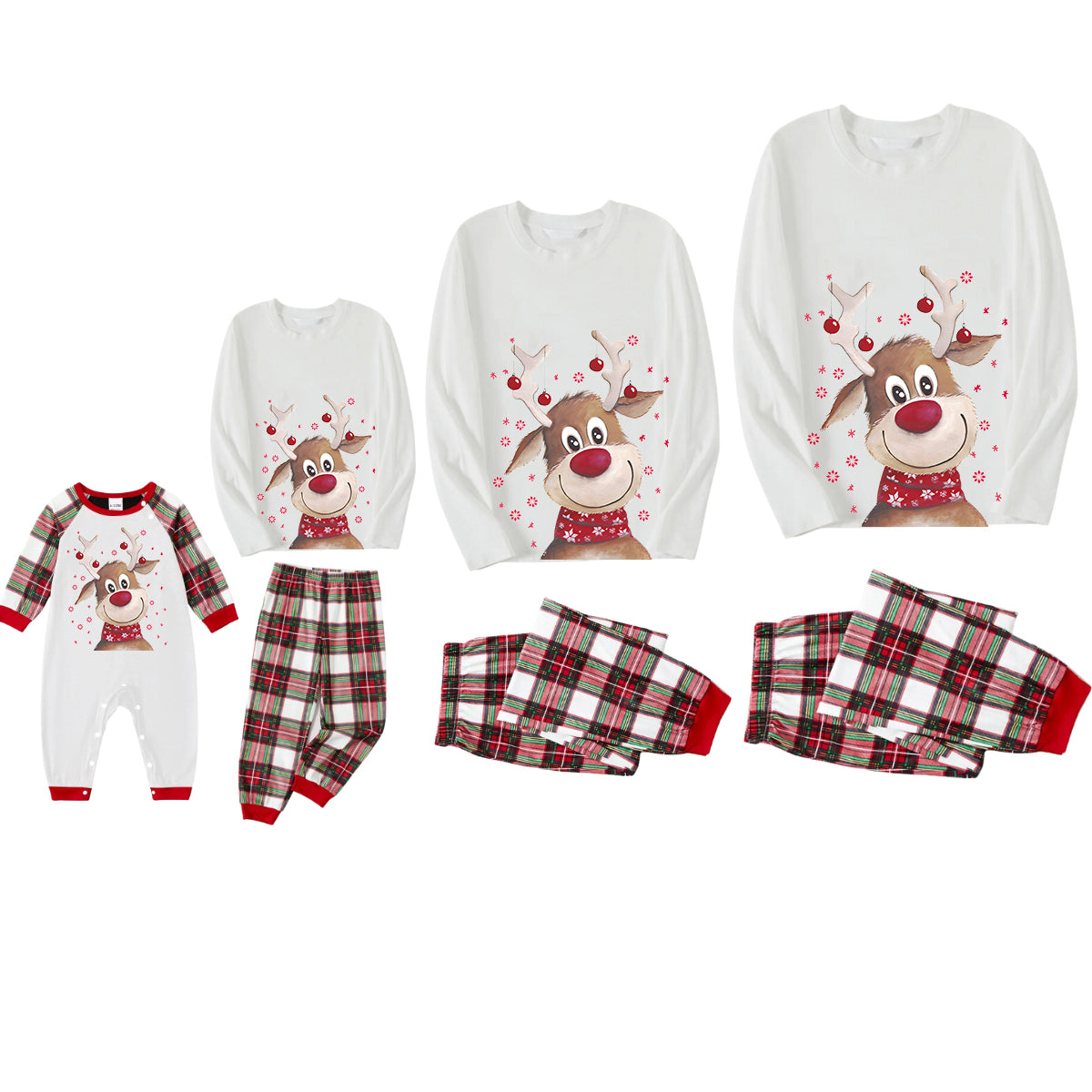 Brown Cute Christmas Elk Pattern 2024 White Long Sleeves with Green&Red Plaid Pants Family Matching Pajamas