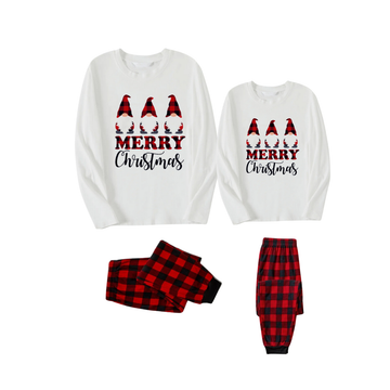 MERRY Christmas Letters And Santa Hat Printed White Long Sleeve Top with Red & Black Plaid Pants Couple Pajamas