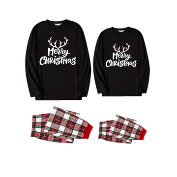 Christmas "Merry Christmas" Text Print Black Long Sleeve Top with Red & White & Green Plaid Couple Matching Pajamas