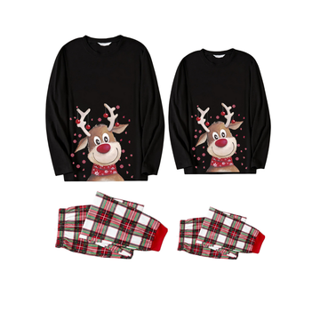 Christmas Deer Print Black Long Sleeve Top with Red & White & Green Plaid Couple Matching Pajamas