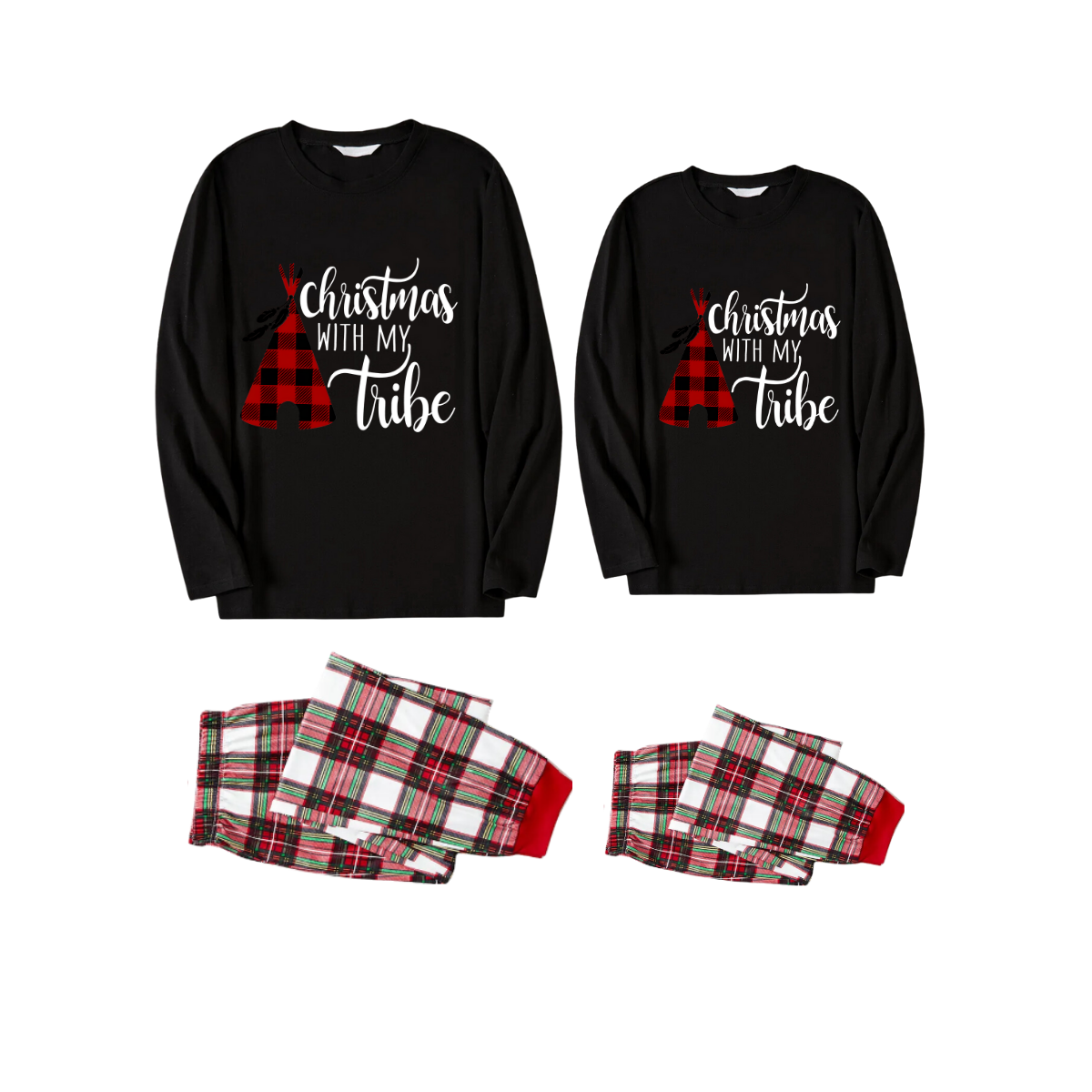 Christmas Text Print Black Long Sleeve Top with Red & White & Green Plaid Couple Matching Pajamas 2024