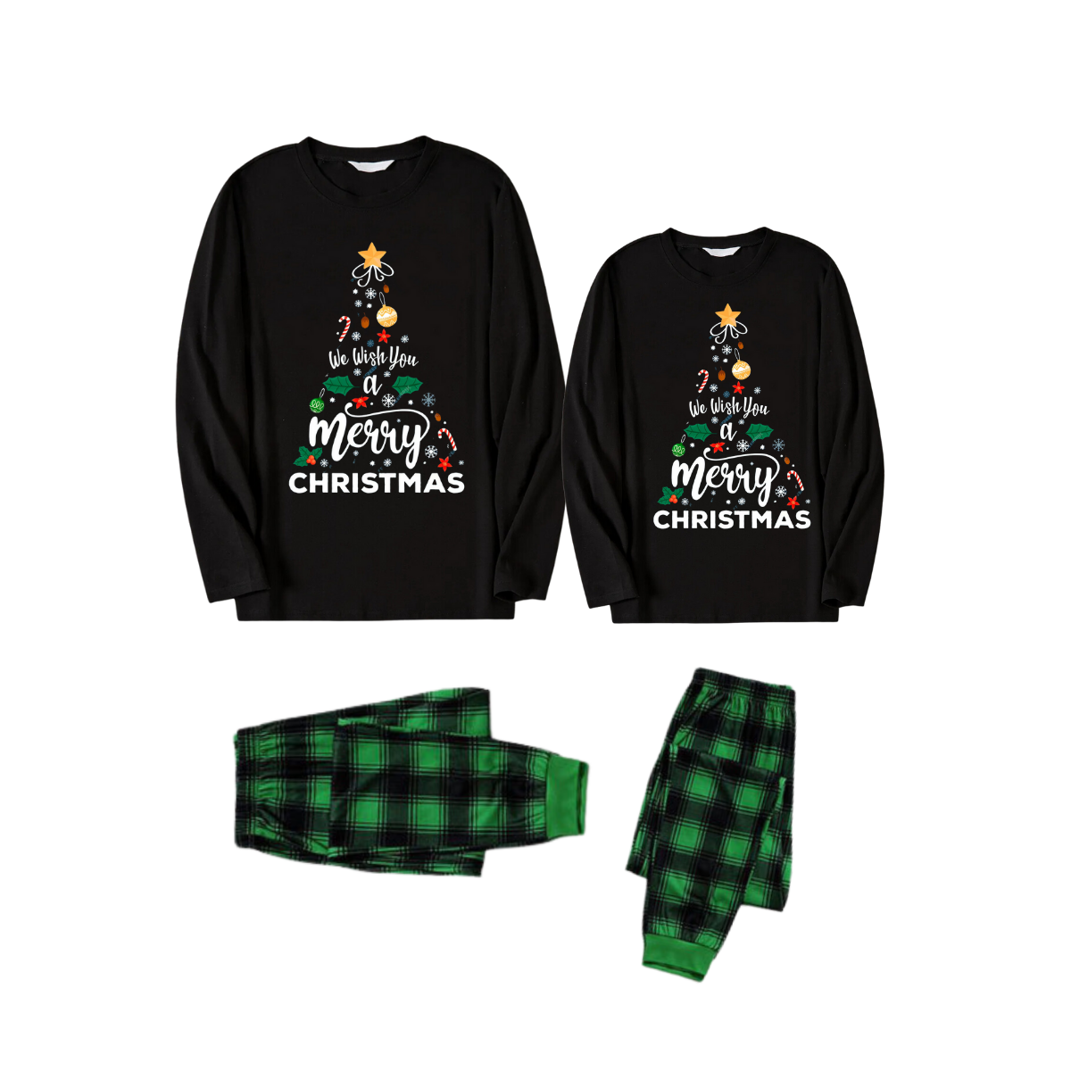 "We Wish You a Merry Christmas" Printed Pattern Black Long Sleeve Top with Black & Green Plaid Pants Couple Matching Pajamas