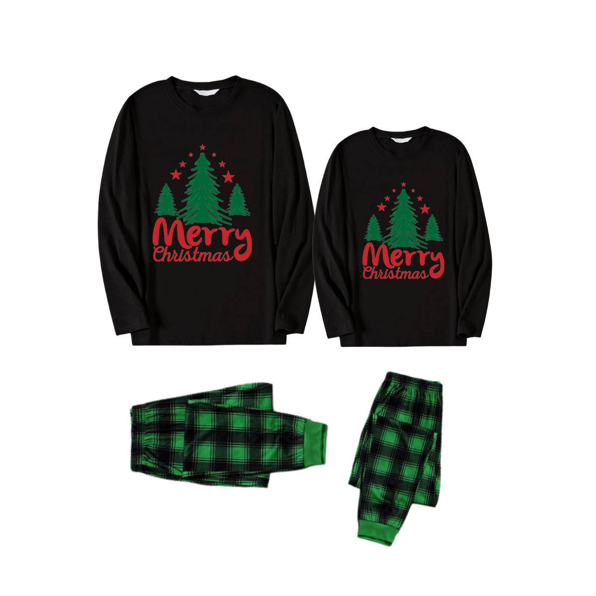 Merry Christmas Letter & Tree Printed Pattern Black Long Sleeve Top and Green & Black Plaid Pants Couple Matching Pajamas