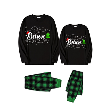 Christmas "Believe" Text and Tree Print Black Long Sleeve Top with Green and Black Plaid Couple Matching Pajamas