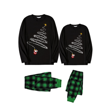 Santa Claus and Christmas Tree Print Black Long Sleeve Top with Green and Black Plaid Couple Matching Pajamas