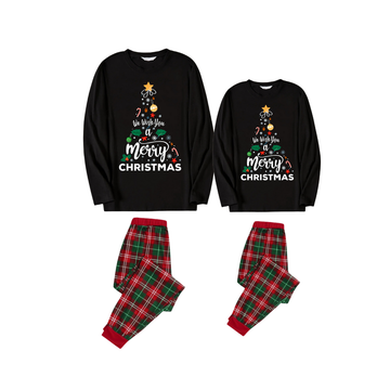 "We Wish You a Merry Christmas" Printed Pattern Black Long Sleeve Top with Red & Green Plaid Pants Couple Matching Pajamas