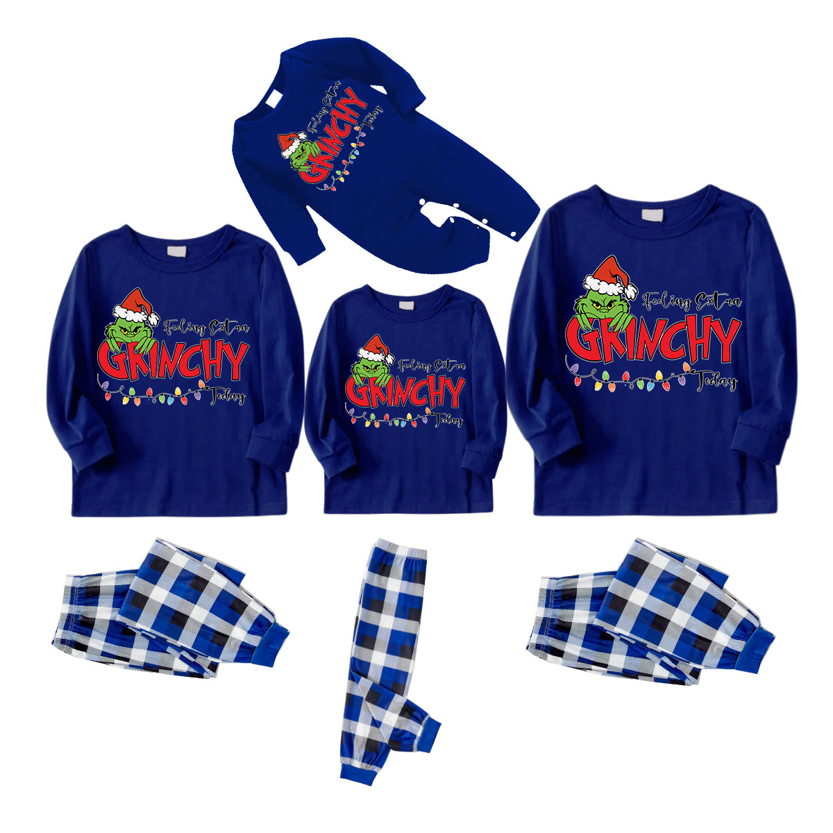 Green Cartoon Pettern And Red Letter Pattern Print Blue Top And Blue&White Plaid Pants Family Matching Pajamas