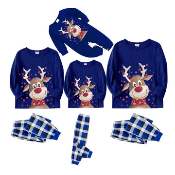 Brown Cute Christmas Elk Pattern 2024 Blue Long Sleeves with Blue&White&Black Plaid Pants Family Matching Pajamas