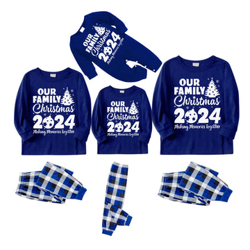 'Our Family Chirstmas 2024 Making Memories Together' Letter Print (White) Blue Long Sleeves with Blue&White&Black Plaid Pants Family Matching Pajamas