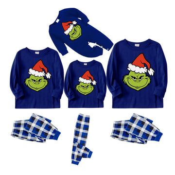 2024 Smile Green Elf Cartoon Pattern Contrast Navy Blue Long Sleeve with Blue&Black&White Plaid Pants Family Matching Pajamas