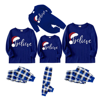 Stylish White Letter Print "Believe" 2024 Blue Long Sleeves with Blue&White&Black Plaid Pants Family Matching Pajamas