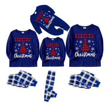 Plaid Christmas Tree Pattern Blue Long Sleeves with Blue&White&Black Plaid Pants Family Matching Pajamas