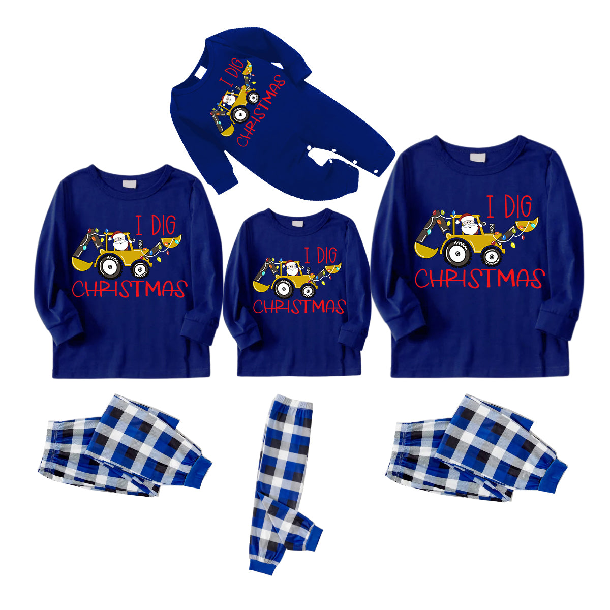 "I Dig Christmas" Cartoon Excavator Pattern Blue Long Sleeves with Blue&White&Black Plaid Pants Family Matching Pajamas