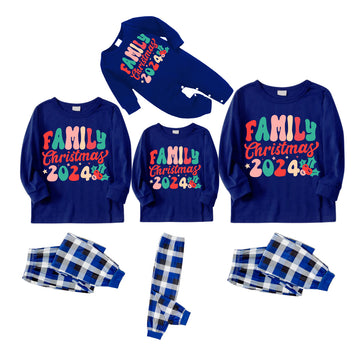 "Family Christmas 2024" Colorful Letter Pattern Blue Long Sleeves with Blue&White&Black Plaid Pants Family Matching Pajamas