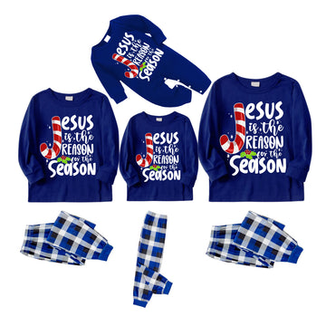 Christmas Lollipop Jesus White Letter Prints Contrast Blue Long Sleeve with Blue and White Plaid Pants Family Matching Pajamas